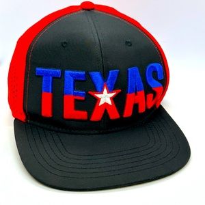 Texas Red Black Hat Cap with Red White Blue Spellout Adjustable Snapback Closure